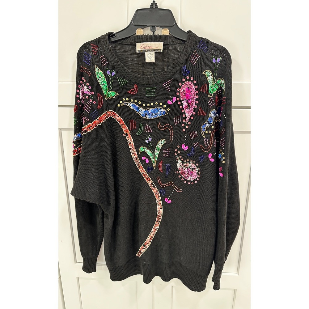 Vintage Diana Marco Black Beaded Sequin Sweater Women's Size 20 Art Deco Style